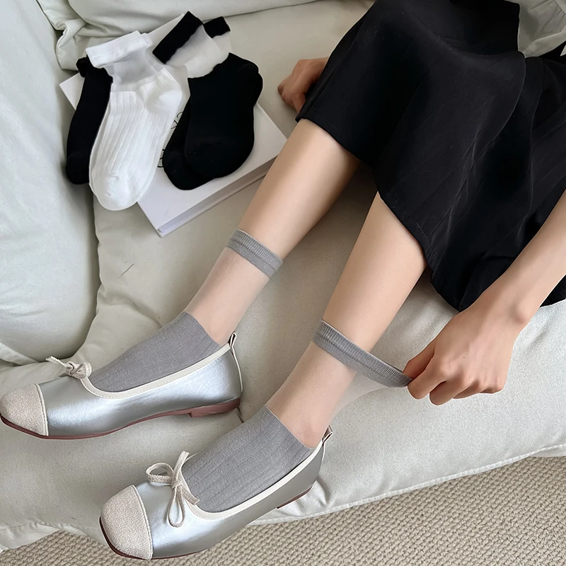 Trendy Women's Socks Thin New Solid Color Transparent Crew Socks Female Breathable Casual Simple Soft Basic Socks Girls Fashion
