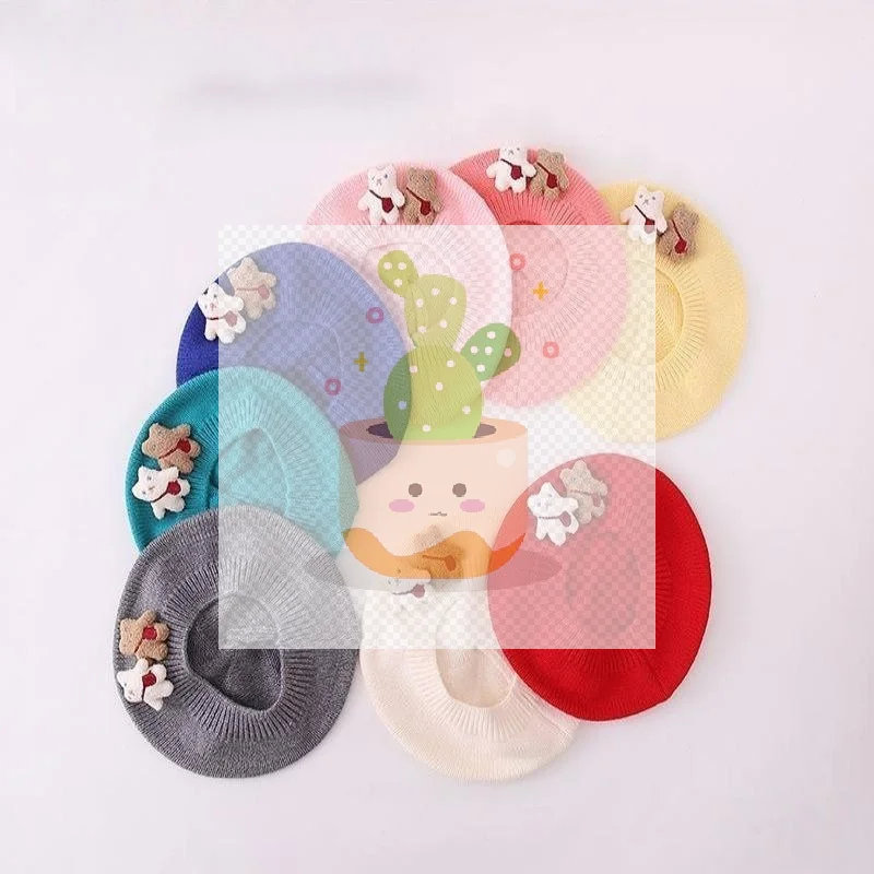 1個入り 可愛いストラップ付きクマさん柄 暖かいビーニーキャップ 無地ニットベビーベレー帽 子供 女の子 秋冬 アーティスト ペインターハット