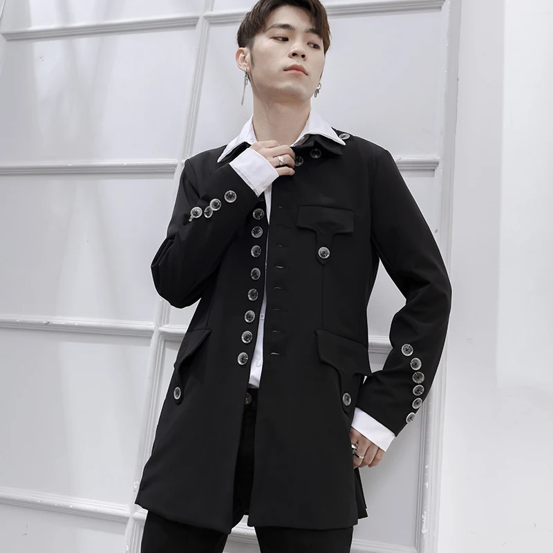 Men's Black Spring And Summer Jacket Single-breasted Mid-length Stand-up Collar Suit Slim Large Size Singer Performance Costumes