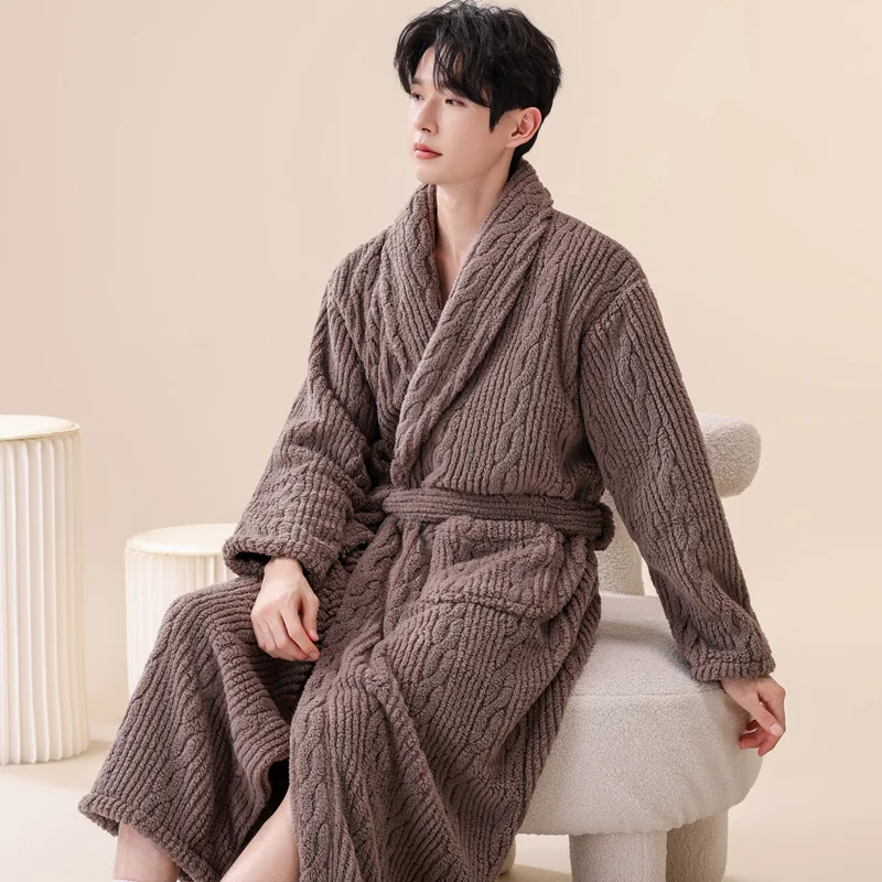 Autumn Winter New Coral Fleece Couple Robe Thicken Bathrobe Sleepwear Long Sleeve Lace-Up Home Clothes Dressing Gown Nightwear