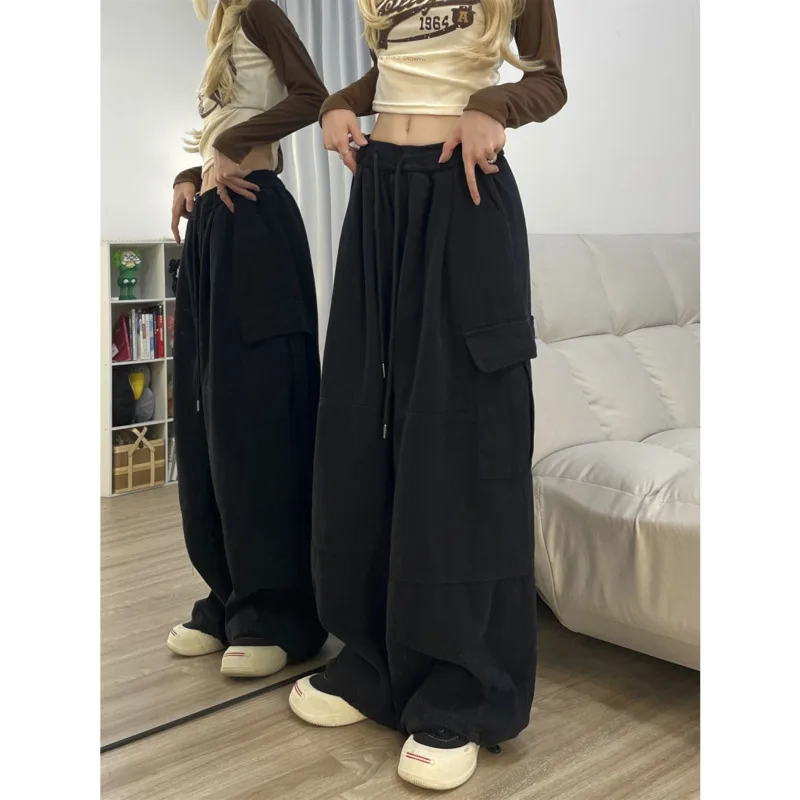 

American Women Cargo Pants Baggy Loose Straight Wide Leg Trousers Y2k Vintege Solid Streetwear Multi Pocket Clothes High Waist