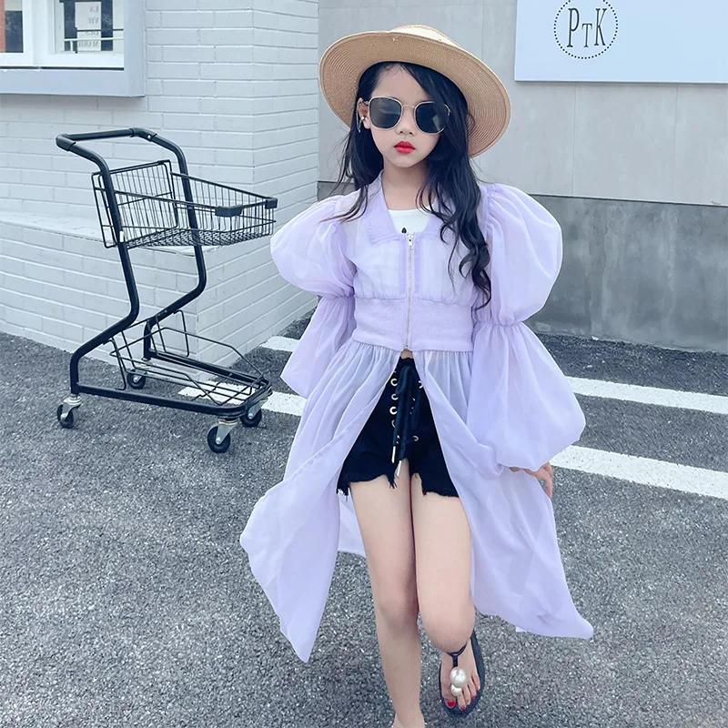 2022 Summer New Coat  Baby Girl Cardigan Top Teenage Thin Jacket Long Tops Children Sun Protection Clothing Kids Outerwear Wz719