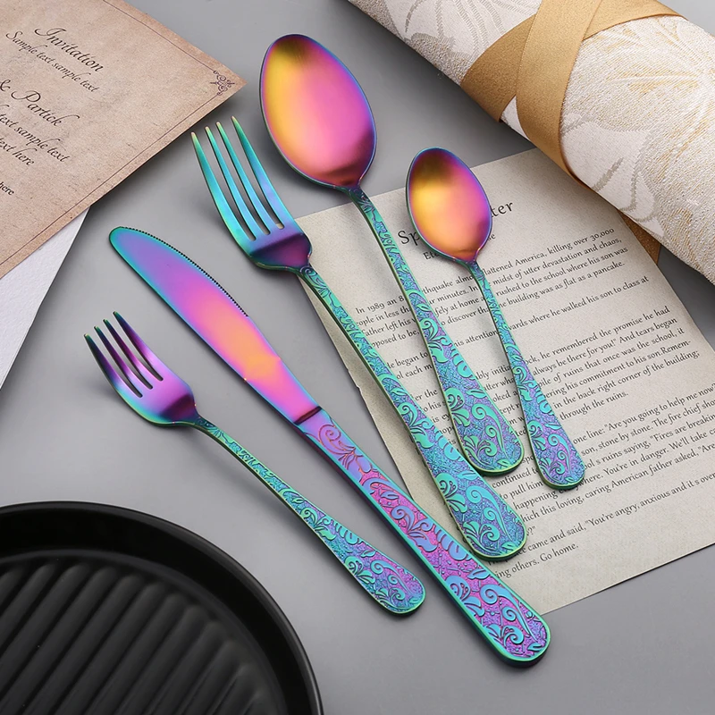 Stainless Steel Sanding Retro Tableware Flower Pattern Steak Knife Fork Dessert Spoon Teaspoon Western Cutlery Kitchen Utensils