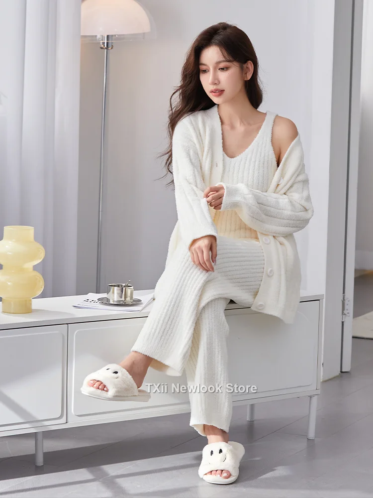 Pajamas Women\'s Winter New Half-side Velvet Three-piece Set Sling Nightgown Pants Thickened Internet Popular Style Home Clothes