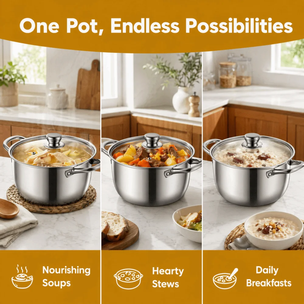 Stainless Steel Double Bottom Soup Pot with Lid Multipurpose Stainless Steel Cookware 18/20/22/24cm Non Stick