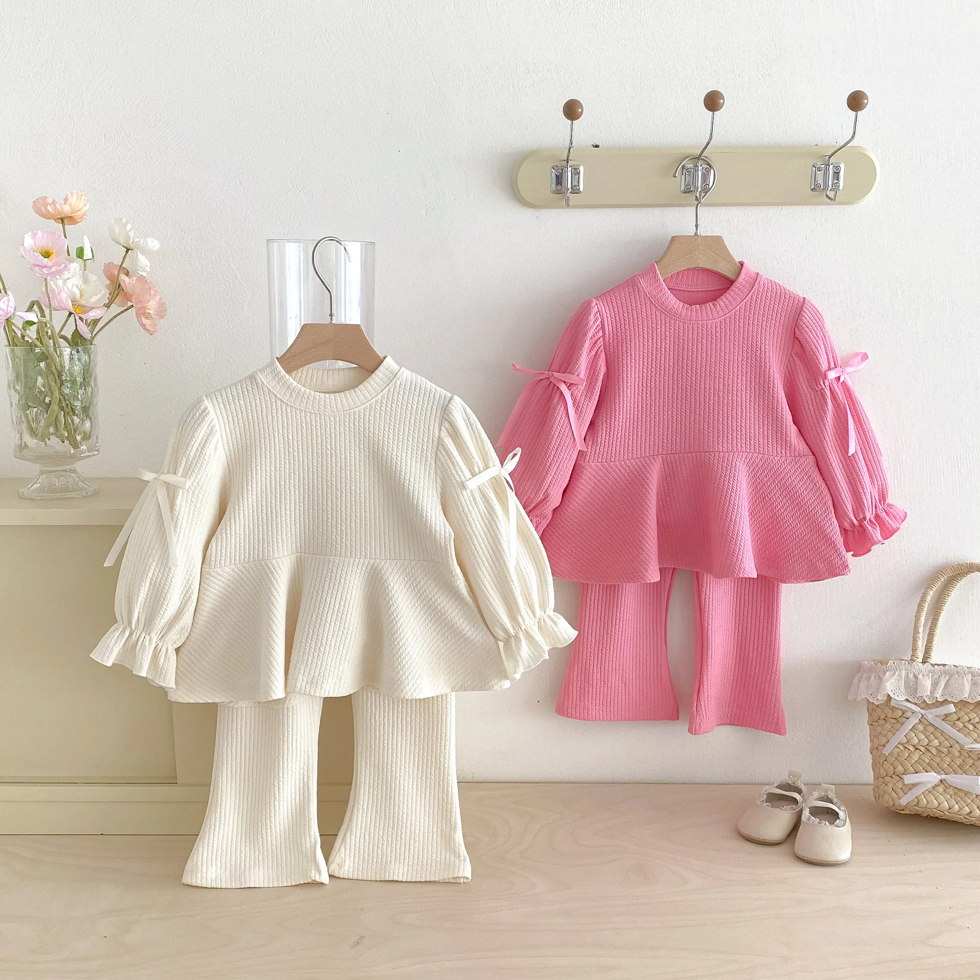 2026 Spring New Children Long Sleeve Clothes Set Girls Cute Bow Loose Tops + Flared Trousers 2pcs Suit Cotton Kids Girls Outfits