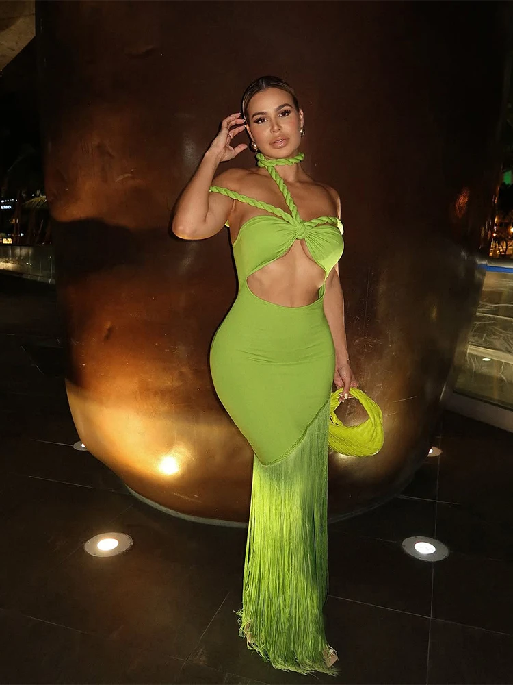 Seltsame Puss Quaste Saum Sexy Party Kleid Frauen Zopf Slash Neck Knoten Wrap Elegante Chic Y2K Unregelmäßige Dünne Stretch Maxi Bodycon