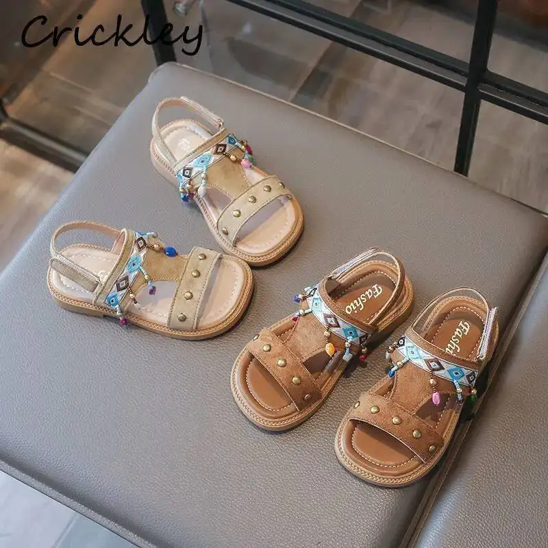 Summer Girls Gladiator Shoes Tassel Rivet PU Leather Kids Bohemian Sandals PU Hook Loop Non Slip Children Sandals
