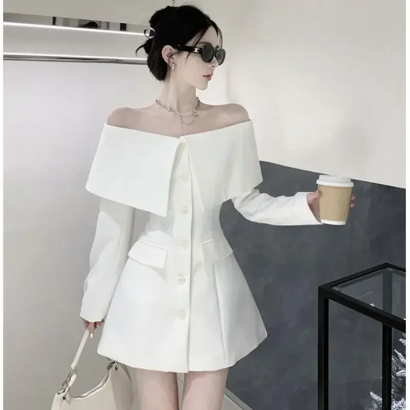 Gagaok Slash Neck Dresses Women Spring Autumn New Solid Mini A Line Office Lady Dress Simple French Vintage Chic Vestidos