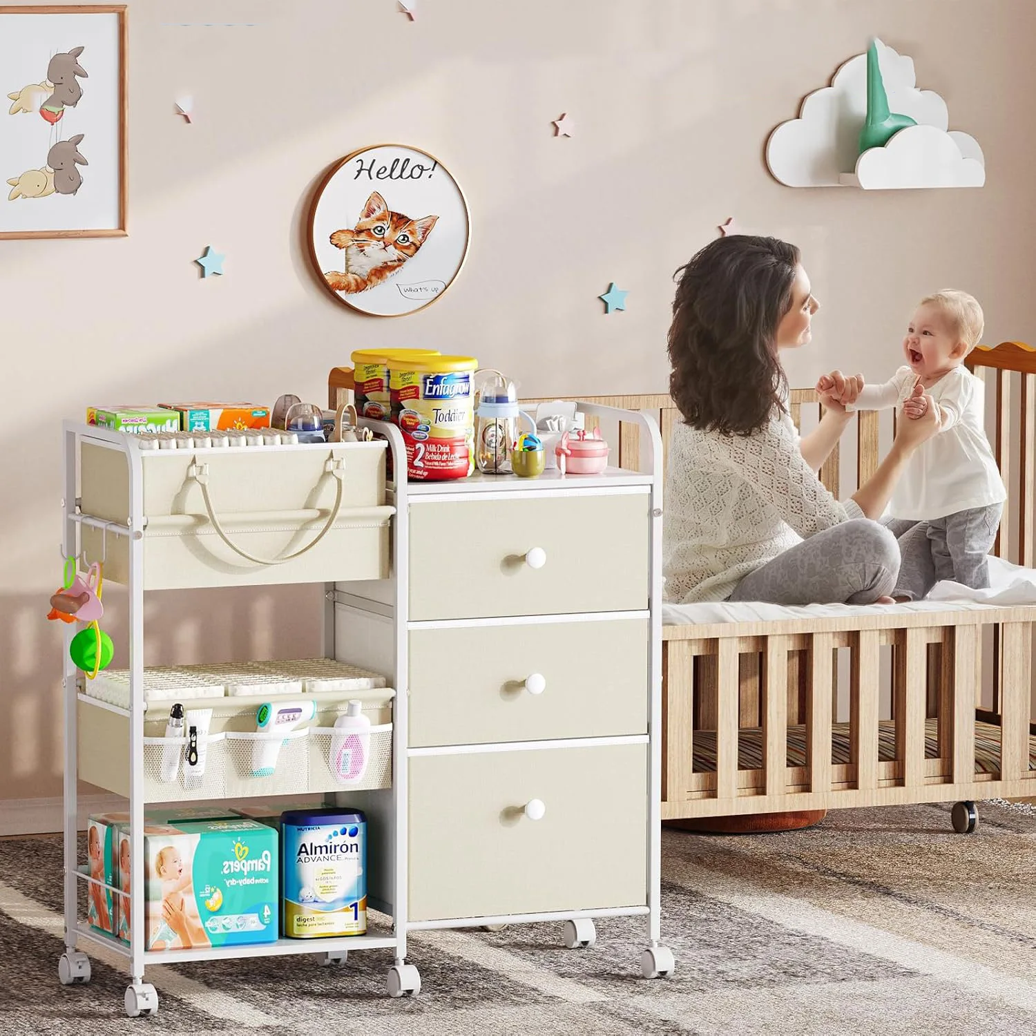 Movable Storage Cart With Storage Boxes Minimalist Rolling Organizer Trolley Versatile Utility Cart For Baby Diaper Storage