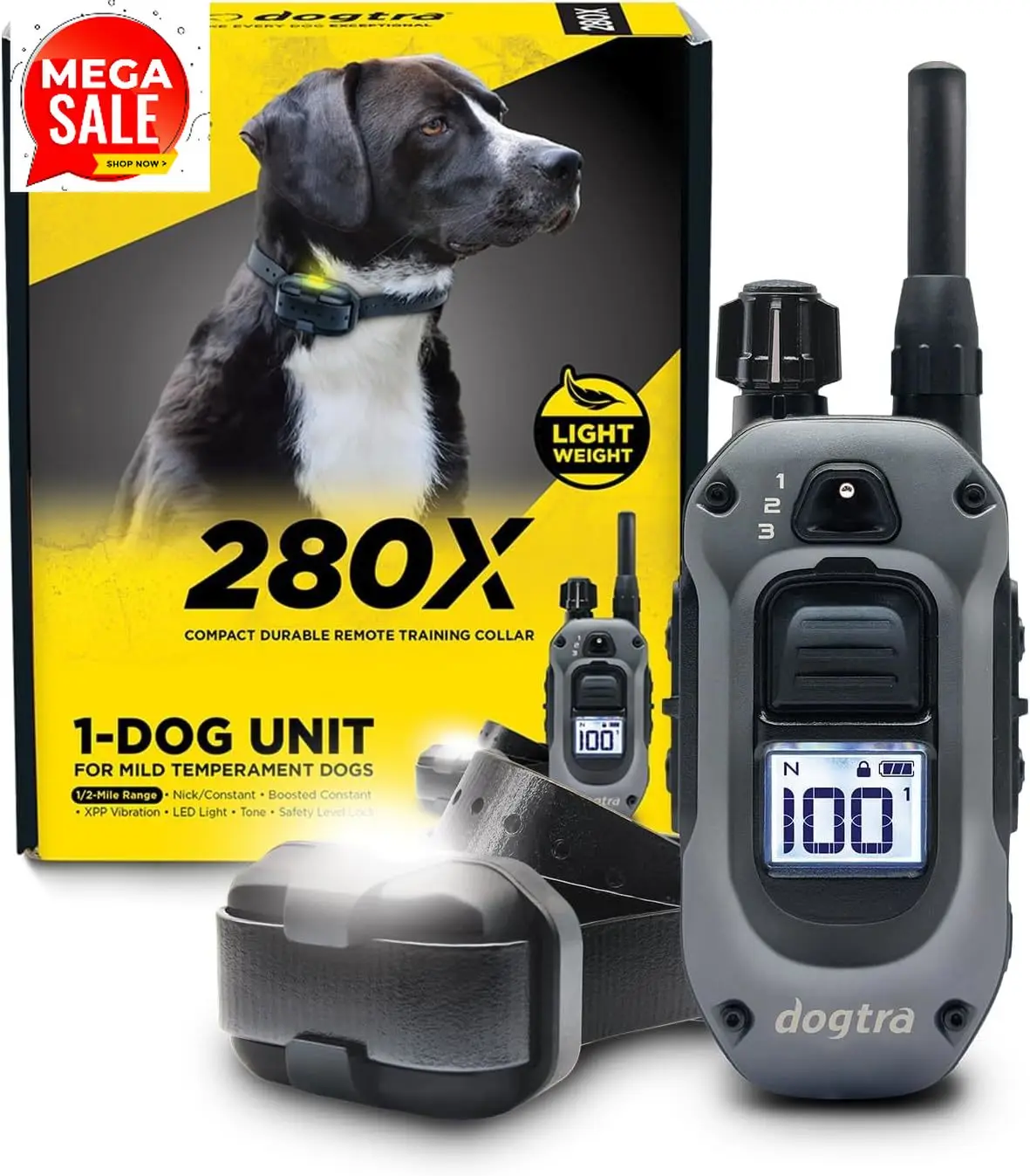 

280X E-Collar with Remote [New Edition] 10 lbs+, 1/2 Mile Range, LED Light, 100 Levels of Precise Control for Stubborn Dogs, Wat
