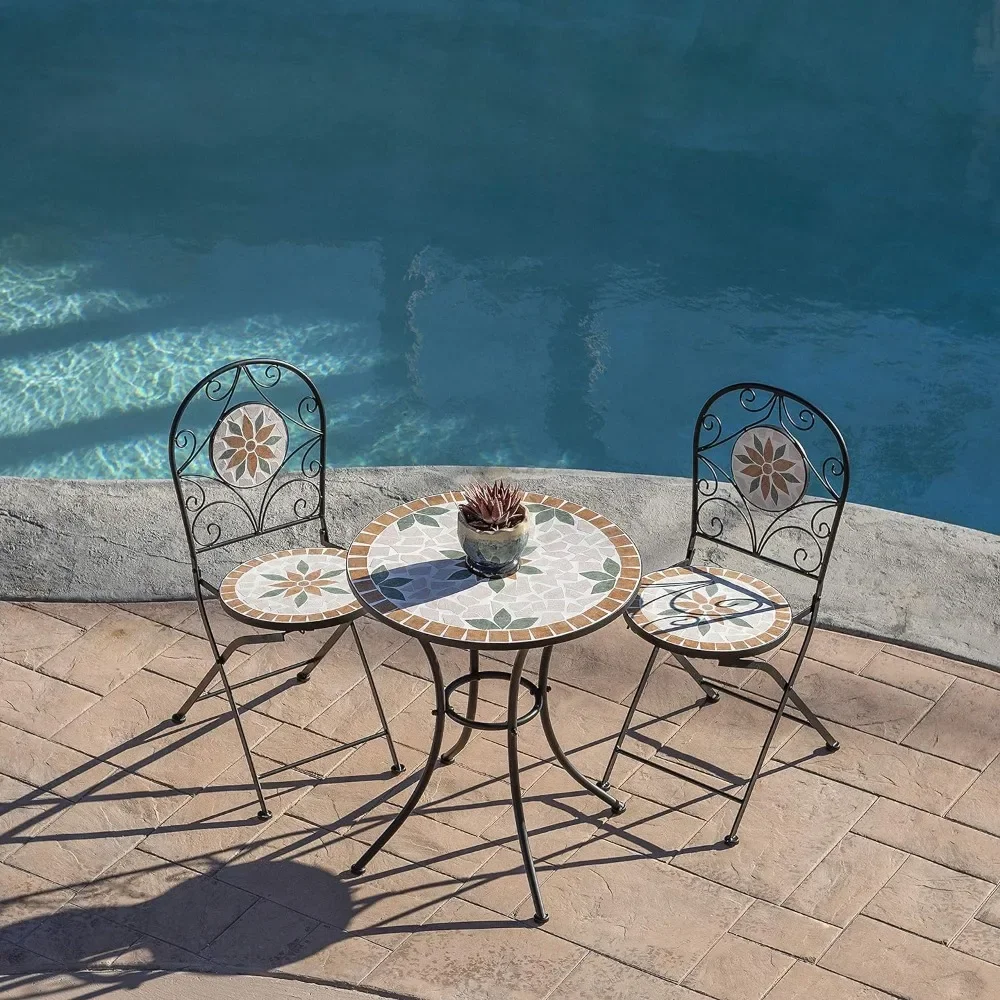 Ensemble de bistrot mosaïque intérieur et extérieur, table et chaises pliantes, siège, beige, 3 pièces