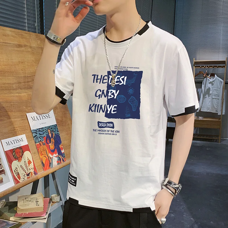 Fashion Youthful Vitality Letter T-shirts Men's Clothing Fake Two Pieces Spliced Summer Short Sleeve Korean O-Neck Pullovers New