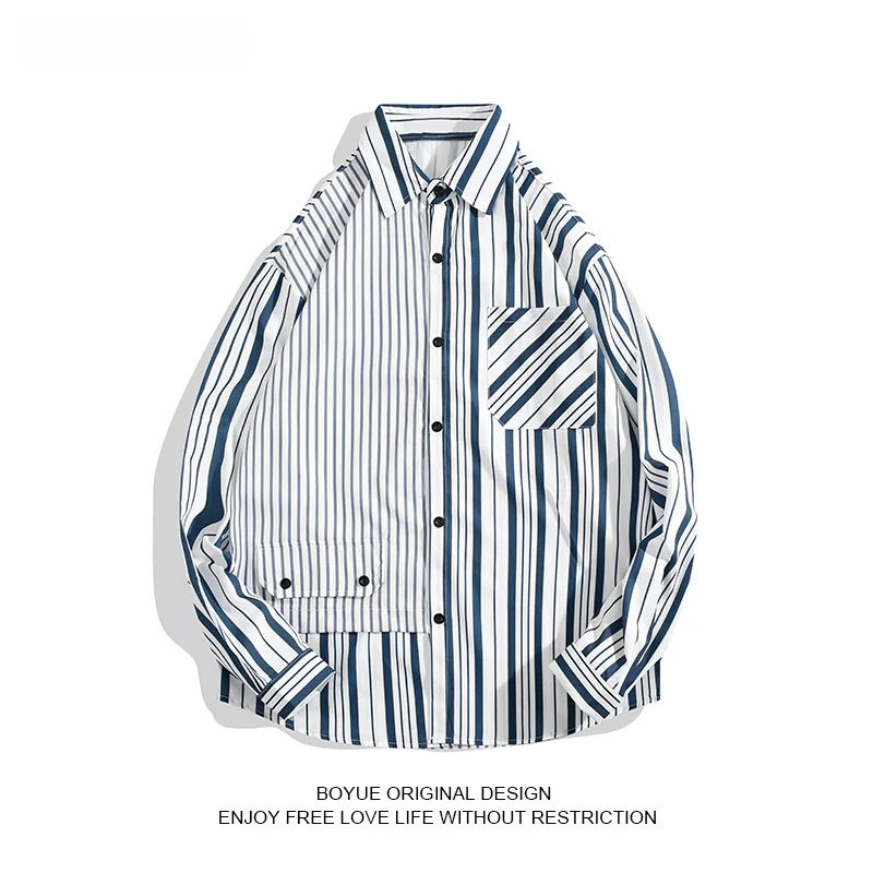 

Boyue Blue White Striped irt Thin Long Sve Loose Fit Hong Kong Sle Mens Casual irt Autumn Season Faion Design k...
