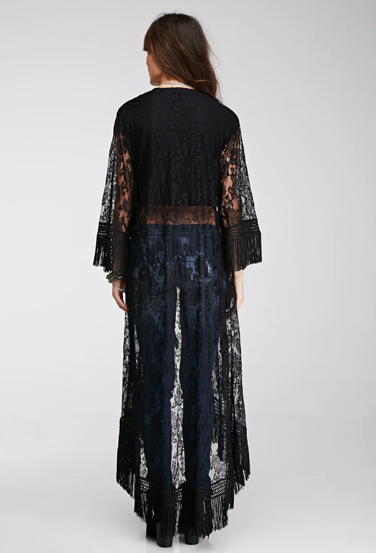 summer beach tassels maxi kimonos women hollow out lace maxi black lace kimonos lady maxi lace shirts tops