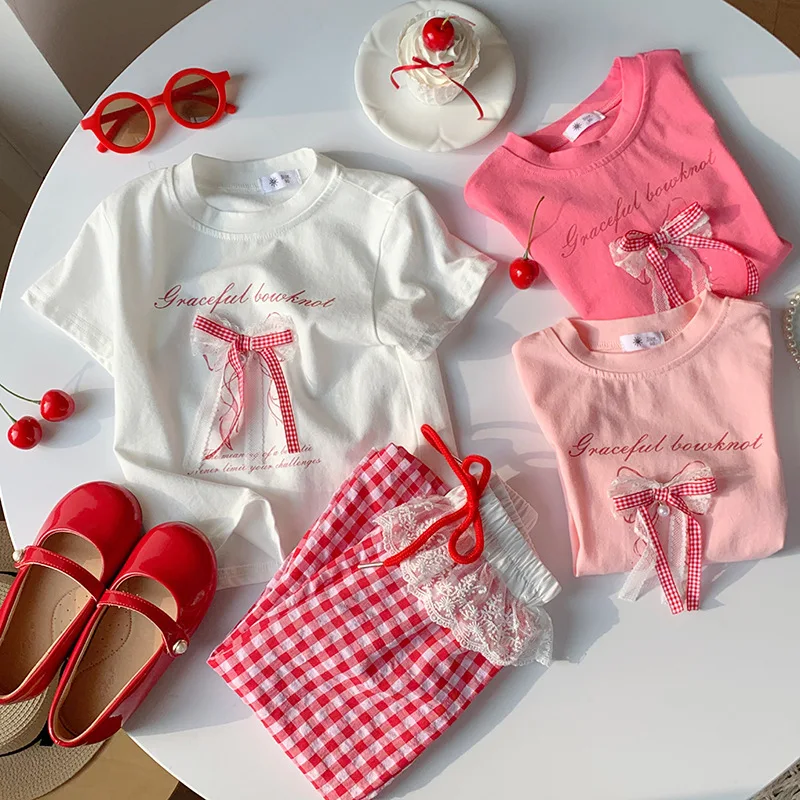 2026 new girls Korean version three-dimensional bow short-sleeved T-shirt summer foreign style princess wind cotton top children