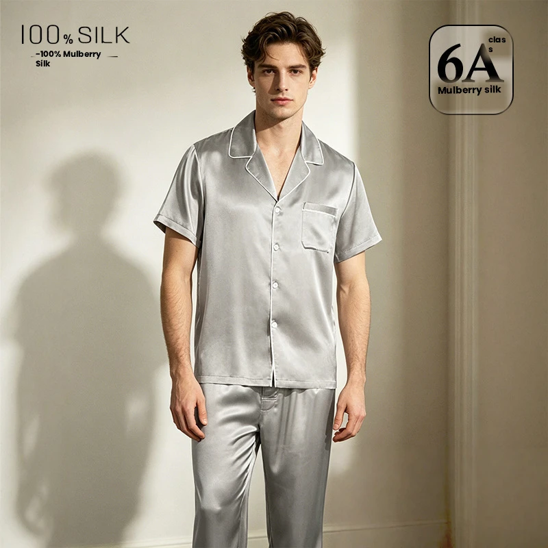 19MM Mulberry Silk Men Pajamas Set Summer Short-Sleeve Simple Luxury Loungewear Sleepwear Soft Breathable Home Clothing