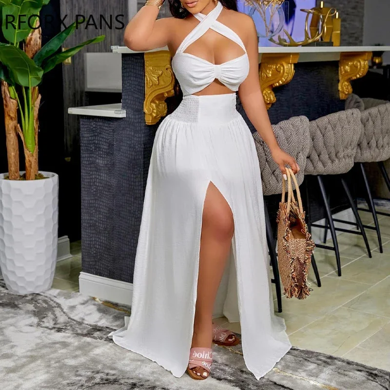 Women Chic Solid Halter Crop Top Sleeveless Criss Cross High Silt Lace Up Wrap Sexy Maxi Skirt Sets