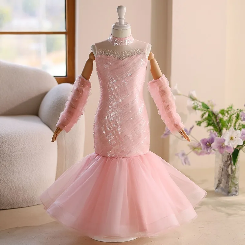 Girls Pink Sequin Mermaid Evening Dress Children Princess Performance Model Formal Clothes Party Gown Kids Pageant Host Piano
