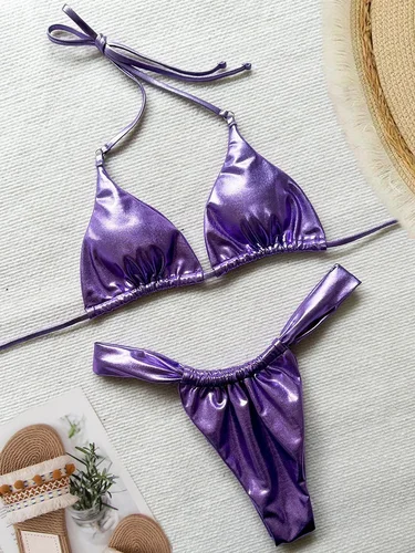 Imagen 1 del producto Bikinis fruncidos plisados de PU, Mini Micro Bikini con Tanga, traje de baño para mujer, traje de baño femenino, conjunto de Bikini de dos piezas, traje de baño con cuello Halter