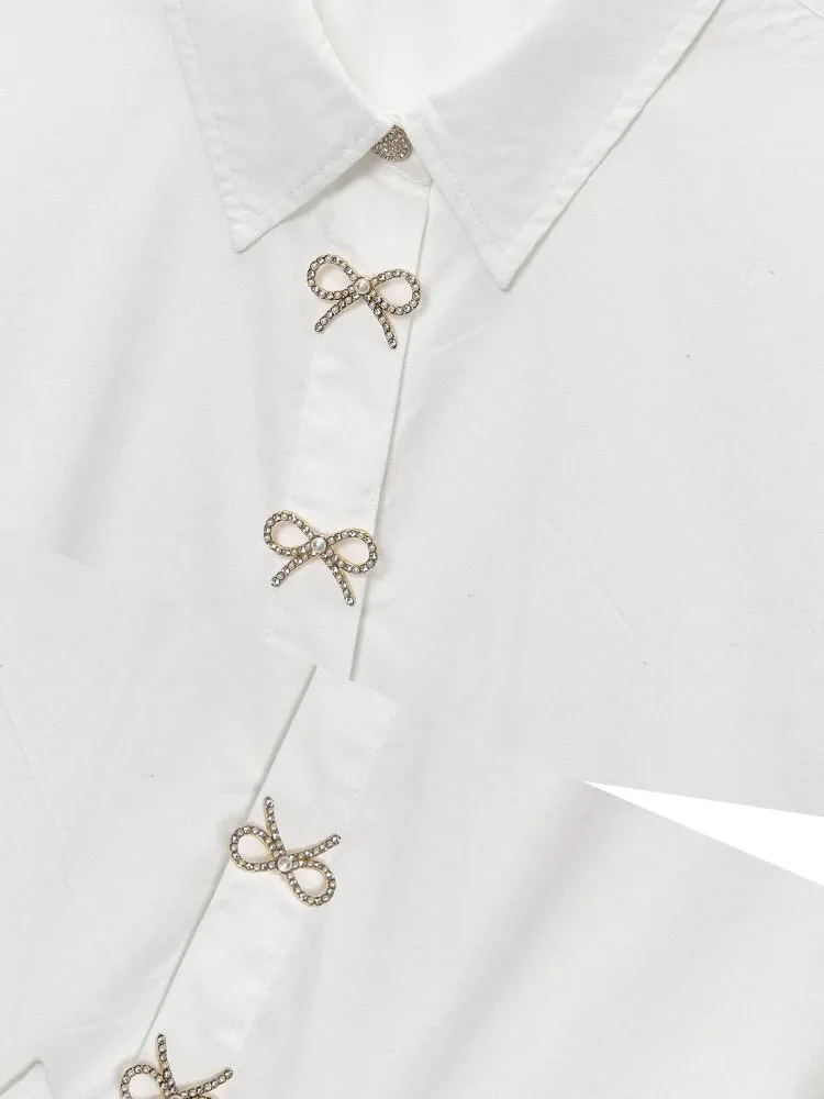 

HH женская мода универсальные ювелирные изделия пуговицы украшенные поплиновыми лацканами белая рубашка женская уличная повседневная рубашка с длинным рукавом Mujer