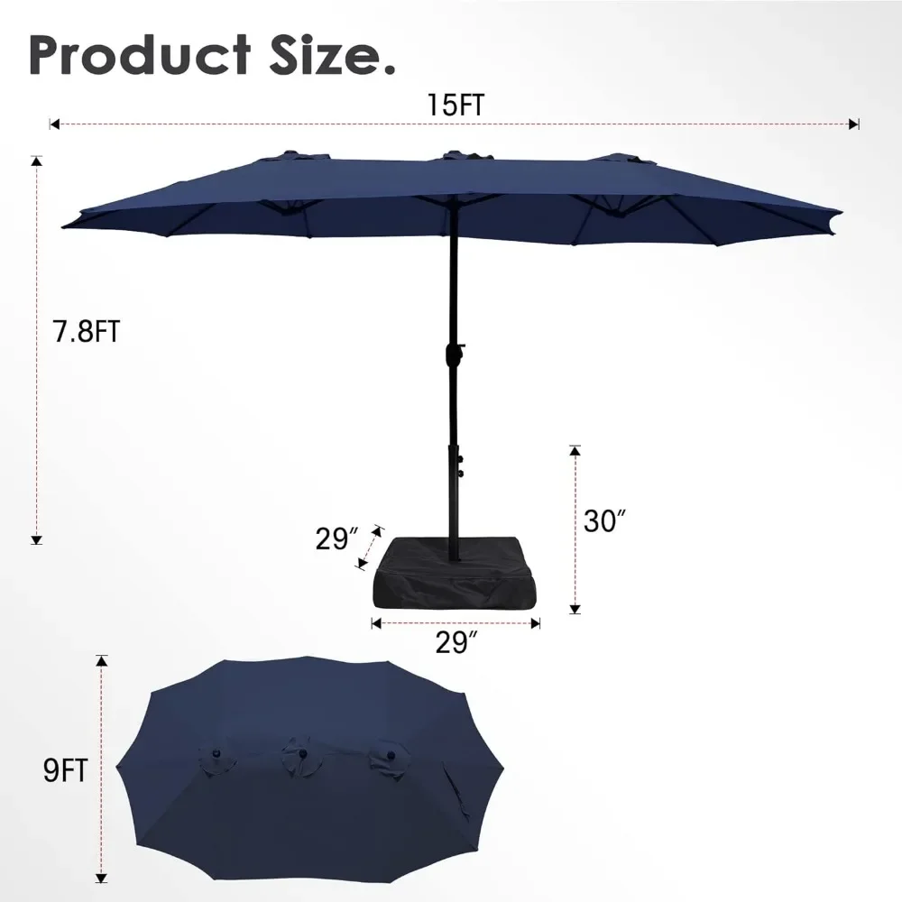 Grand parasol rectangulaire à double face avec poignée à manivelle, parasol d'extérieur de 15 pieds avec base, pour pelouse et jardin