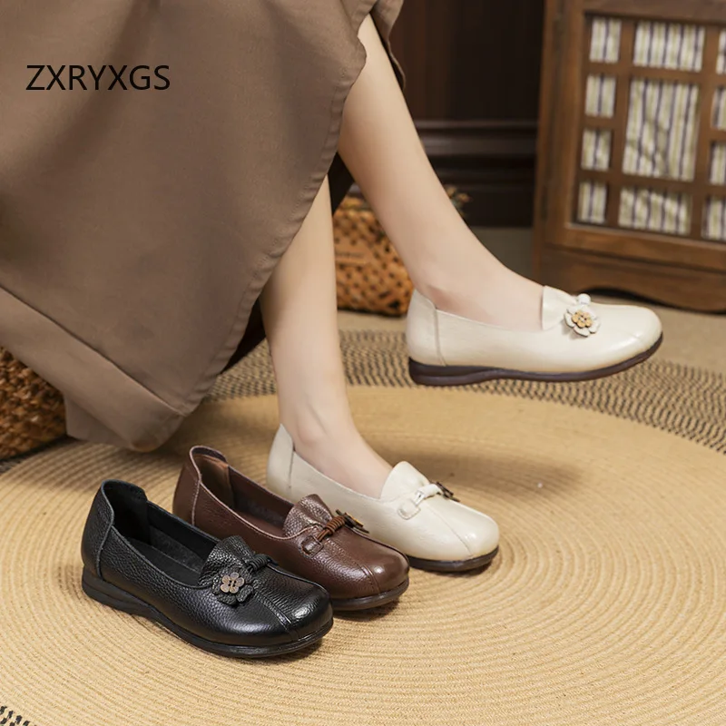 ZXRYXGS Promotion 2026 New Real Leather Flowers Shoes Women Fashion Casual Shoes Round Toe Cow Tendon Soft Soled Mother's Flats