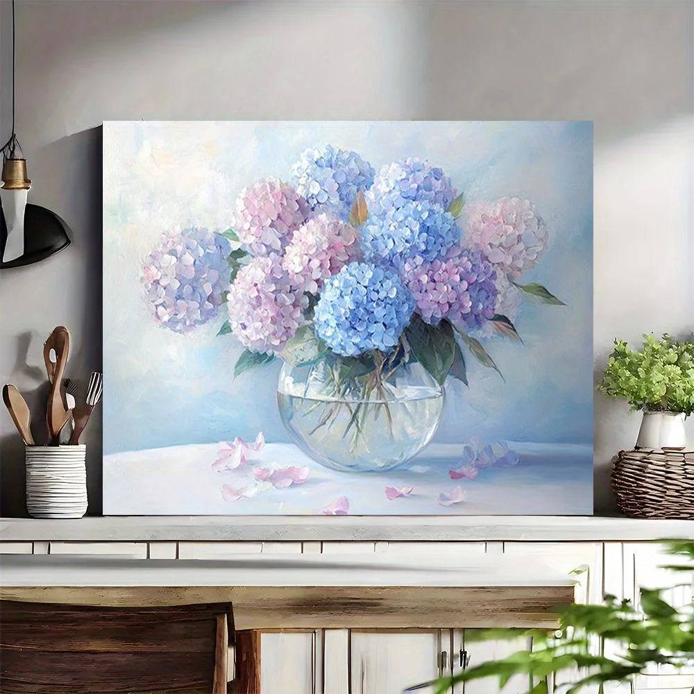 (No frame)2D Flat, 2D Flat, 2D Flat Painting, Wooden Frame Decoration, Painting with Hydrangea Bouquet. This Modern Retro Flo