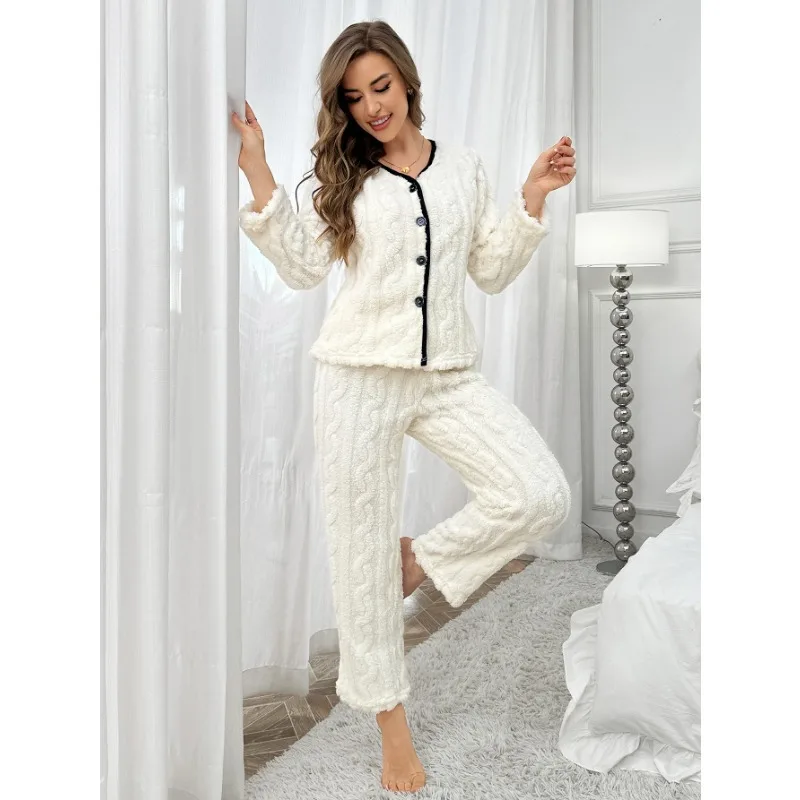 Winter Women Pajamas Set Jacquard Fluffy Lady Sleepwear Elegant Plain White V-neck Lapel Thermal Pijamas Casual Nightwear