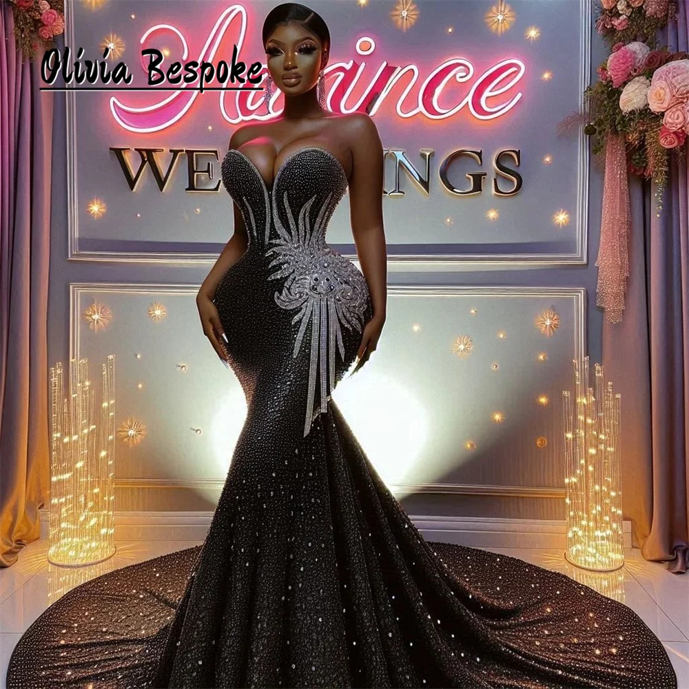 

Unique Black Aso Ebi African Evening Dresses Silvery Crystal Applique Sweetheart Mermaid Bridal Gowns Luxury 2025 Customized