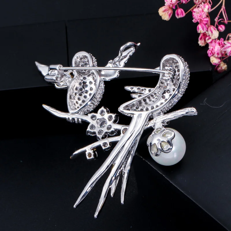 ThreeGraces Shiny Cubic Zirconia Simulated Pearl Animal Bird Shape Brooches for Women Luxury Evening Party Jewelry XZ025 image 2