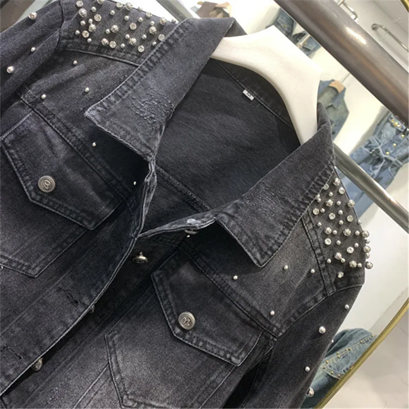 Vintage Beading Denim Jacket Women High-End Short Jean Coat Autumn New Long Sleeve Black Tops Female Loose Cowboy Outerwear T365