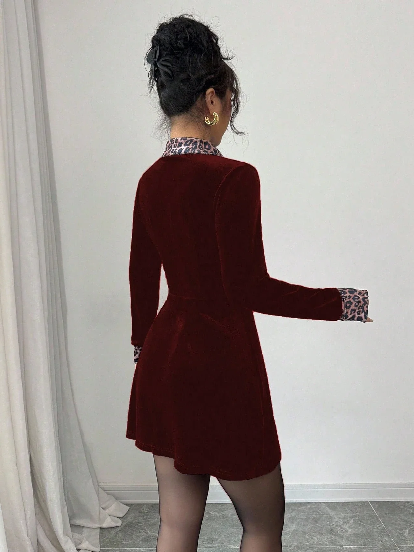 

Velvet Leopard Collar Button Down Dress Women Elegant A-Line Mini