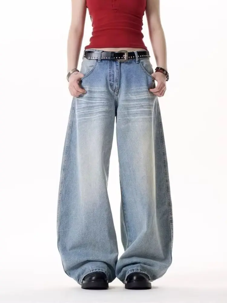 Y2K Frauen Hohe Taille Breite Bein Jeans Katze Kamm Druck Abnehmen Hosen Herbst Lose Fit Casual Hosen