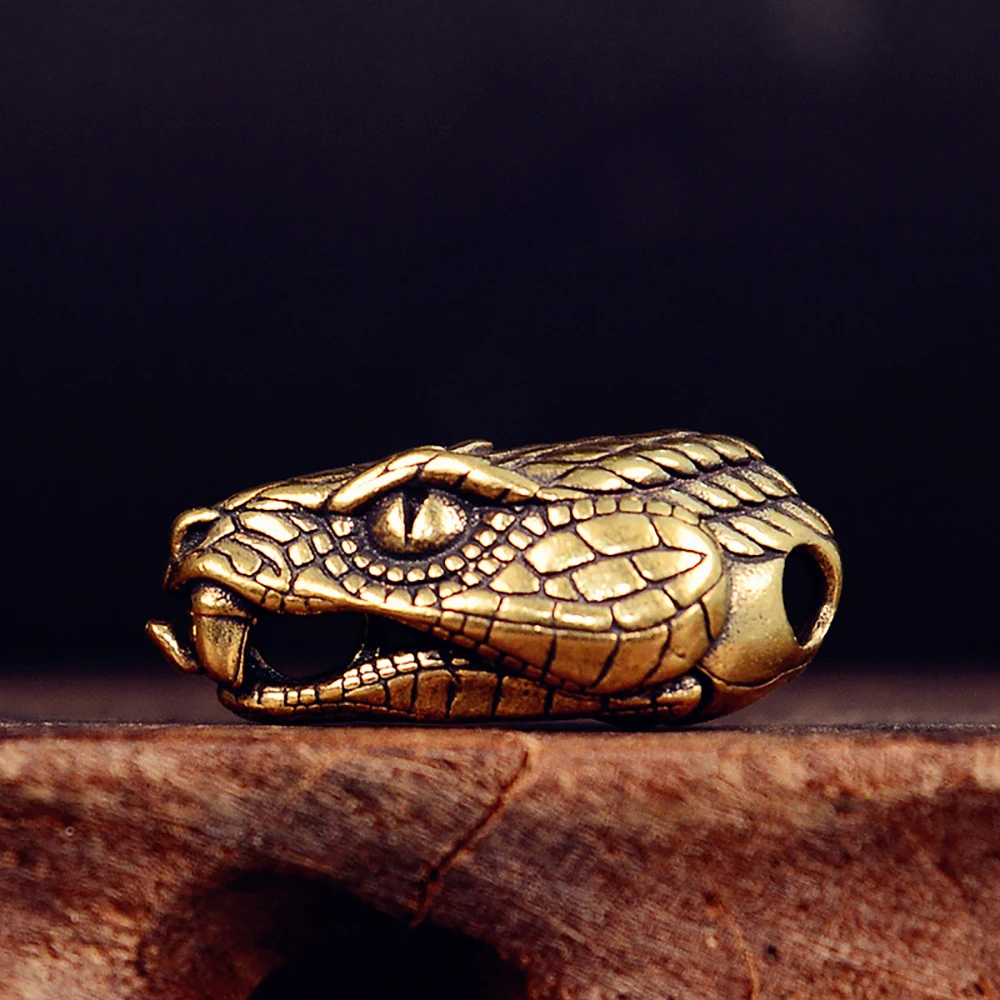 Brass Snake Head EDC Knife Lanyard Paracord Beads Statue Animal Figurine Home Office Decor Desktop Ornament DIY Collection Gift