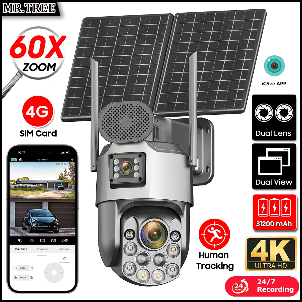 

4K Surveillance Solar Cameras 60X Optical Zoom Big Battery 24/7 Recording Auto Tracking PTZ Night Vision Outdoor Security Camera