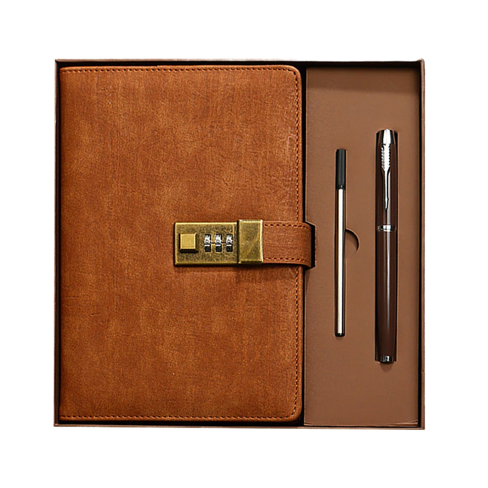 Vintage A5 Notebook PU Covered Diary with 3-digit Lock Notepad Retro Softcover with Pen &Gift Box Writing Drawing Note 112 Pages