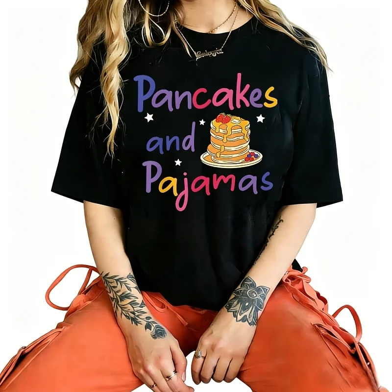 ‘Pancakes and Clothing’ Graphic Print with Fun Breakfast Design Women's T-Shirt 100% Cotton Funny Graphic Short Sleeve Tee Novelty Shirt Casual Crew Neck Top S-5Xl
