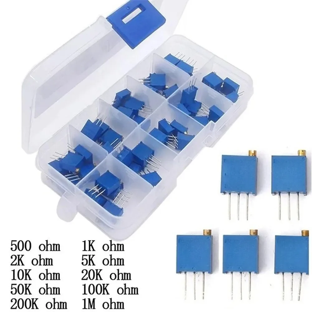 50pcs 3296W Multiturn Potentiometer Kit With 10 Values For Circuit Adjustment DIY Electronics And Repair Projects In Storage Box