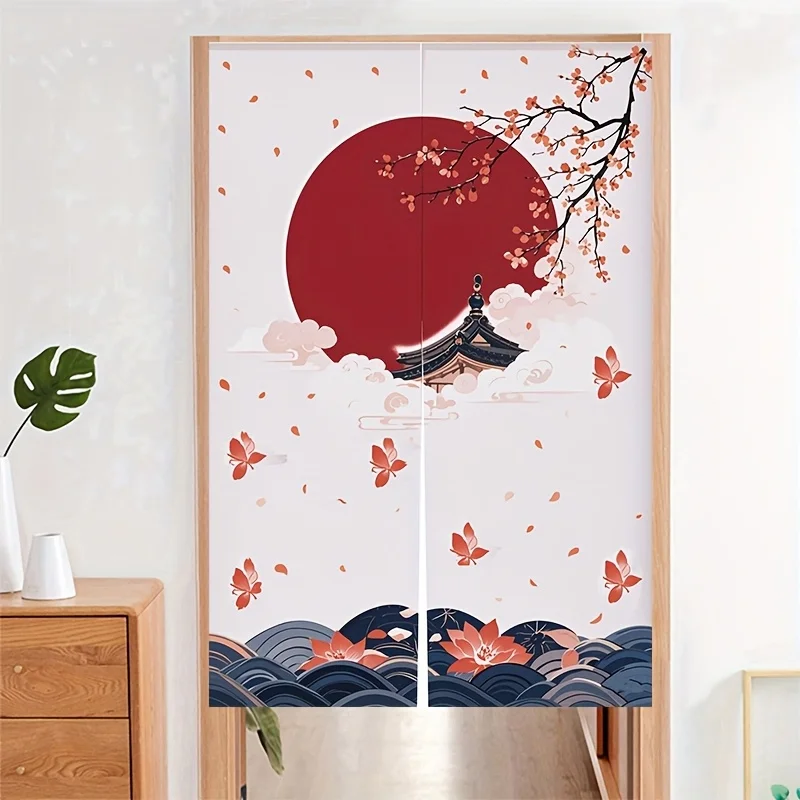 

1pc Japanese style red sun building door curtain Ukiyoe flower wave pattern fabric partition curtain home decoration