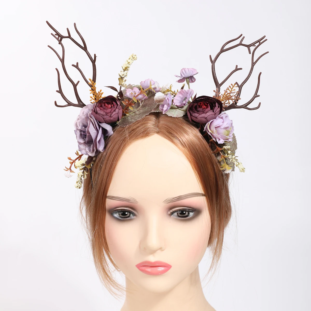 Vintage Haarband mit Hirschgeweih und Blumen im Wald-Stil – Realistisches lila Rosenzweig-Stirnband – Halloween- und Weihnachts-Cosplay-Fotorequisite – Detail 7