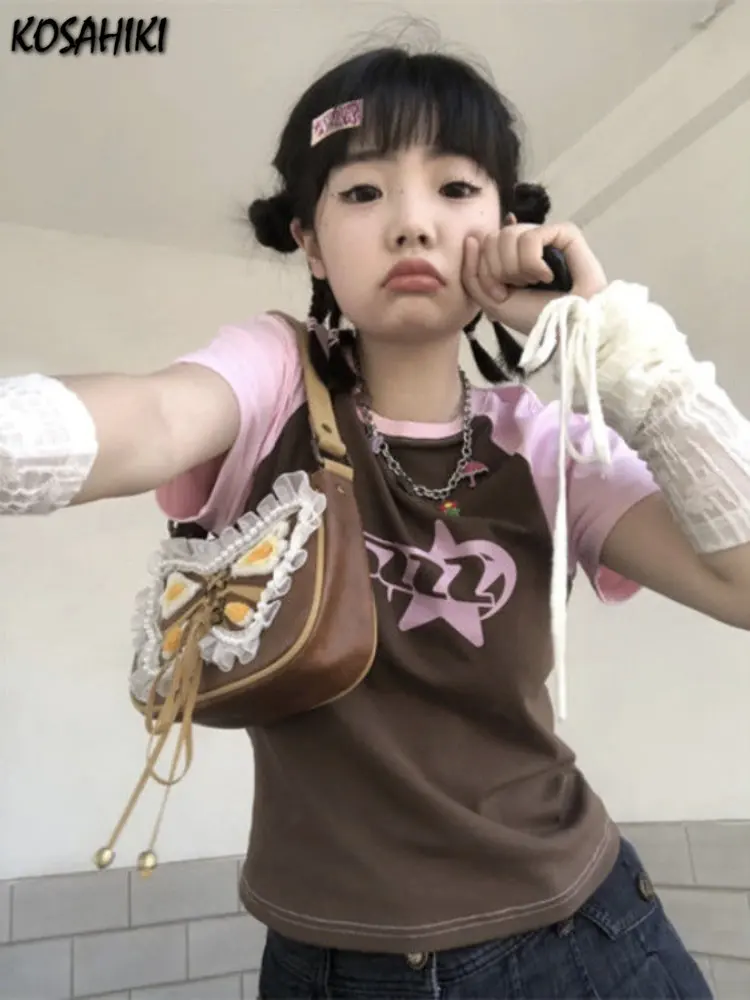 Kontrast druck Vintage o Hals Frauen Ernte Top T-Shirt y2k ästhetische lässig alle passen schlanke T-Shirts Harajuku Grunge süße T-Shirts