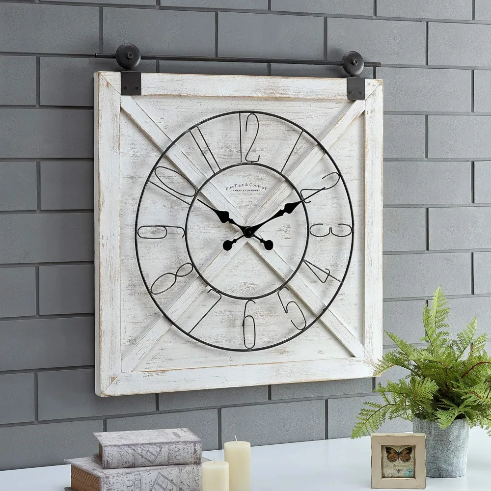 

Farmstead Barn Door Wall Clock for Home Office, Kitchen, Living Room, Bedroom, Square, Wood and Metal, Farmhouse Decor