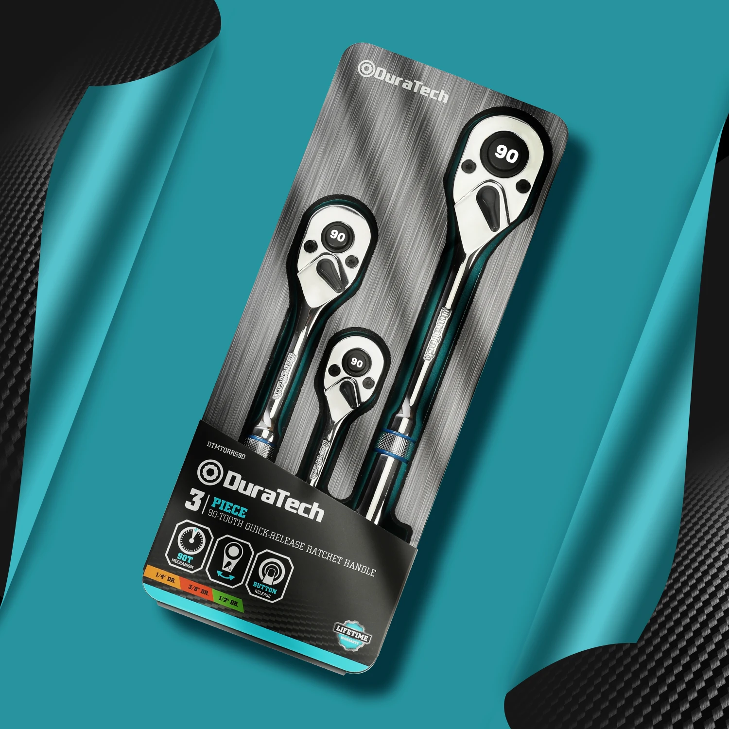 DURATECH 3-teilige Antriebsratsche, 1/4 Zoll, 3/8 Zoll, 1/2 Zoll, 90-Zahn-Ratschenschlüssel mit Schnellverschluss, umkehrbar, Chromlegierung, vollständig poliert