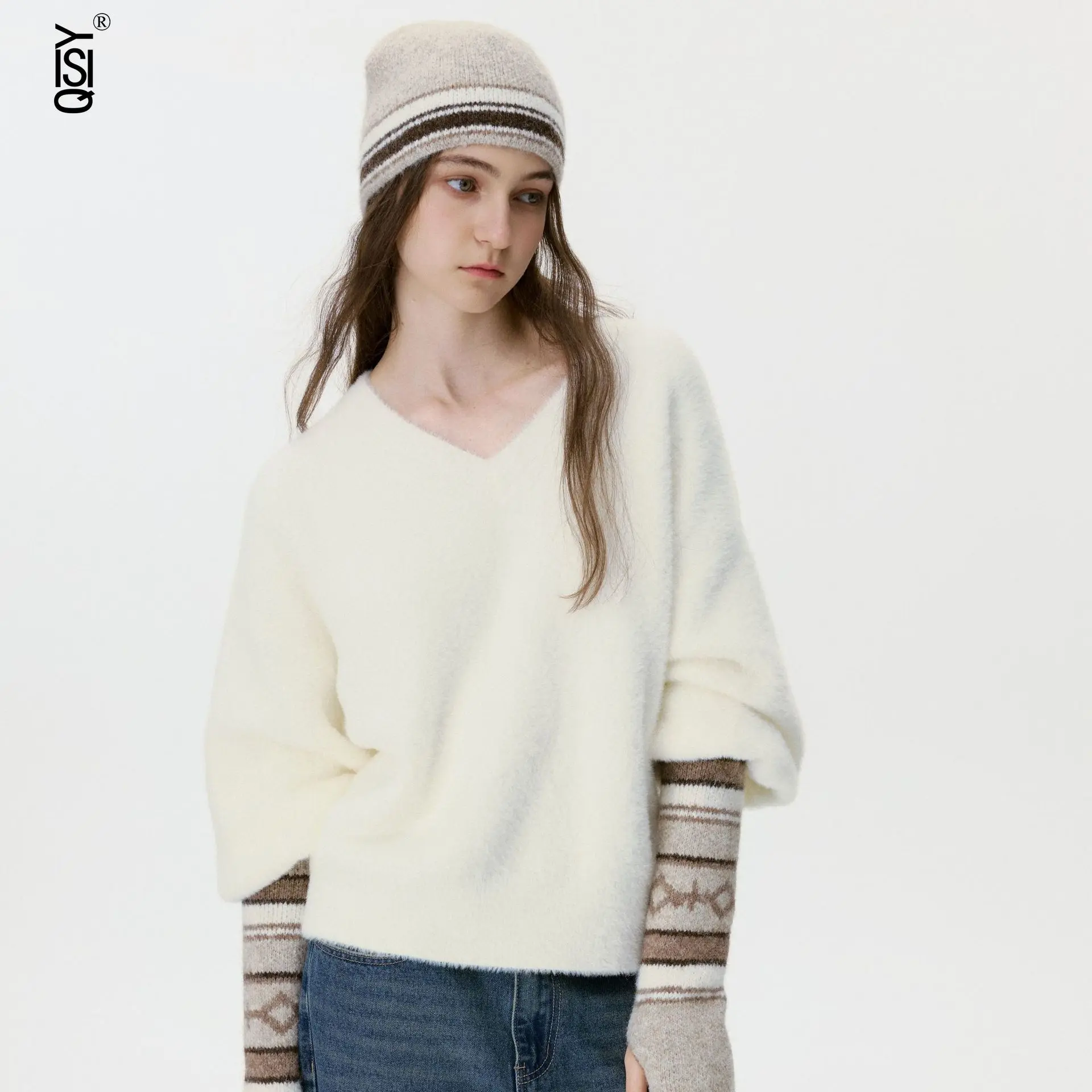 قبعة وأغطية للأكمام من قماش الجاكار الكوري القديم، قبعة وقفازات نسائية شتوية من الصوف المحبوك من قماش الجاكار