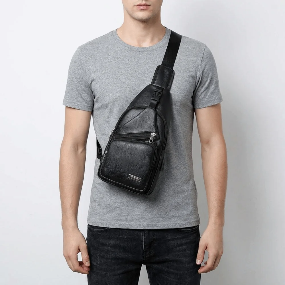 Solid Color Men Chest Bag USB Charging Zipper Men's Crossbody Sling Bag Large Capacity Multifunctional Single Shoulder Bag