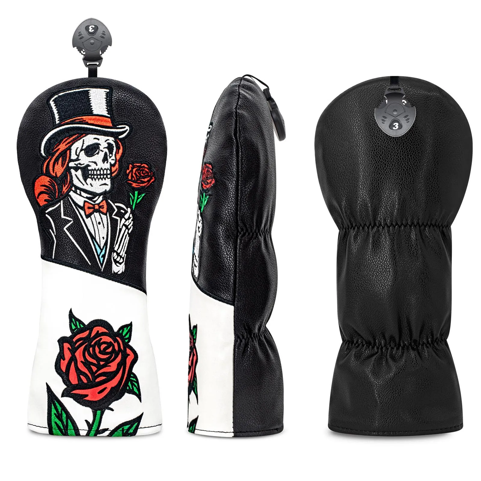 Gentleman Skull Embroidery Golf Headcover Elastic Bands Water Resistant PU Leather Club Head Cover Drivers Fairway UT