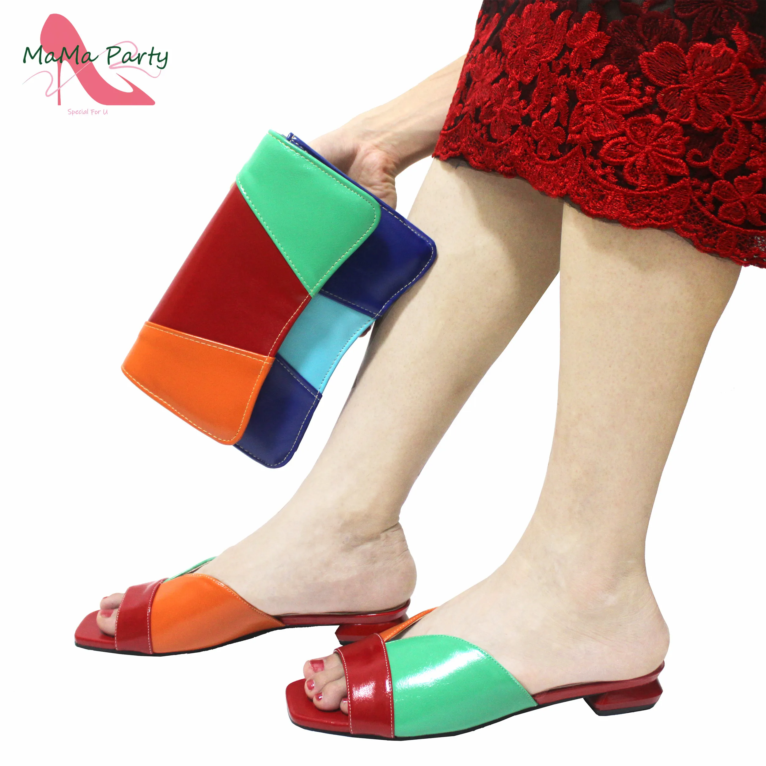 

Red INS Hot Sale Italian Women Shoes and Bag to Match Multi color splicing design Square Heels for Garden Party