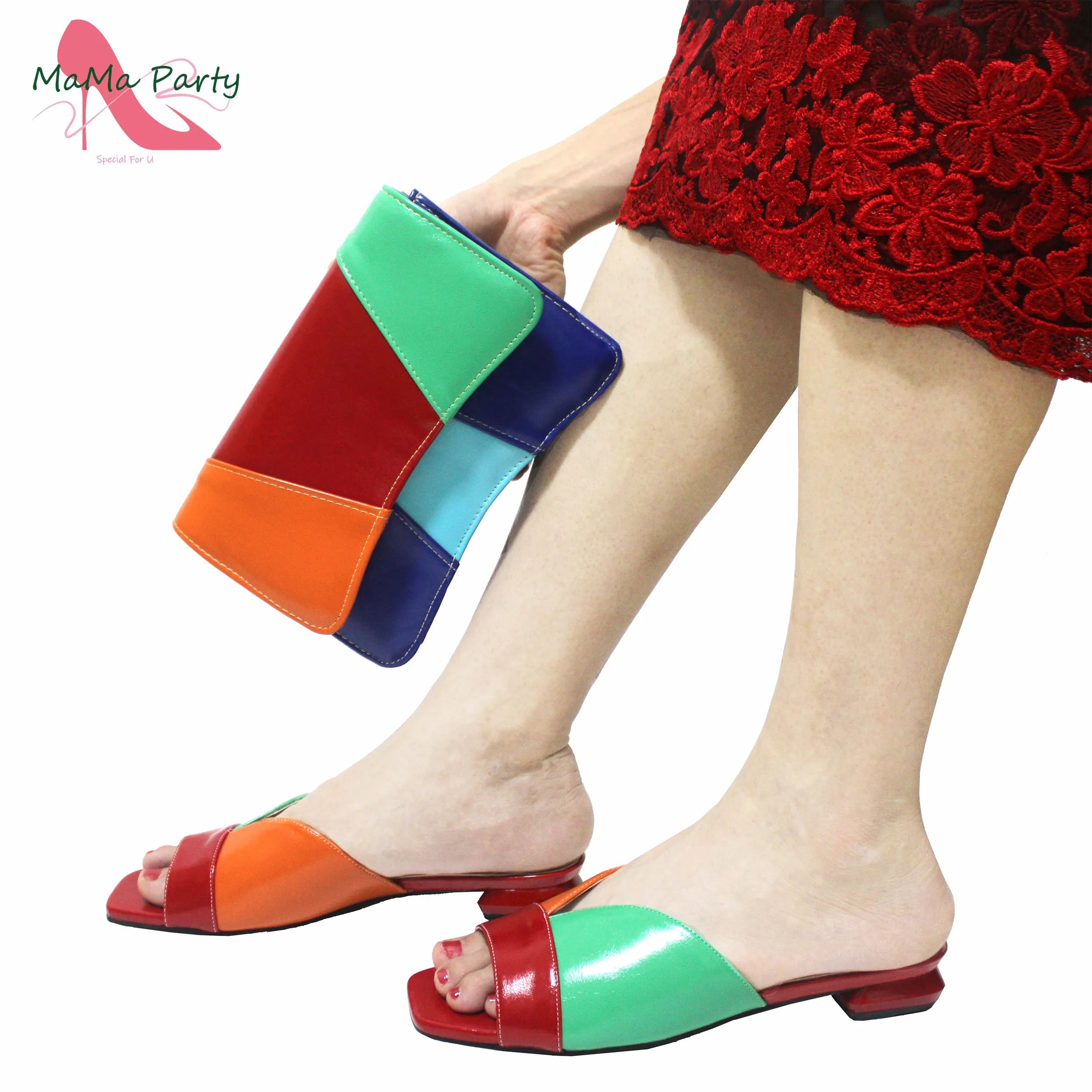 Red INS Hot Sale Italian Women Shoes and Bag to Match Multi color splicing design Square Heels for Garden Party