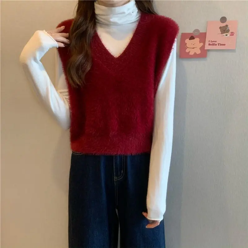 V-neck Sweater Vests Women Solid Color Autumn Winter Fluffy Soft Fashion Vintage Sleeveless Knitted Tops Slim-fit Simple Casual